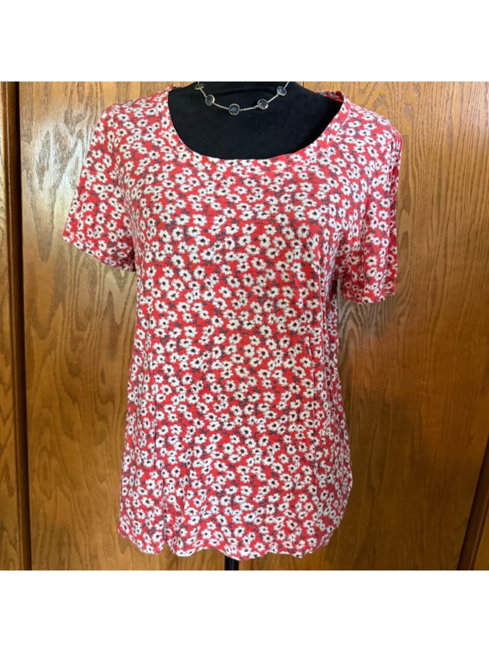 Lucky Brand Womens Red Floral Print Short-Sleeve Top Size M Cotton Blend